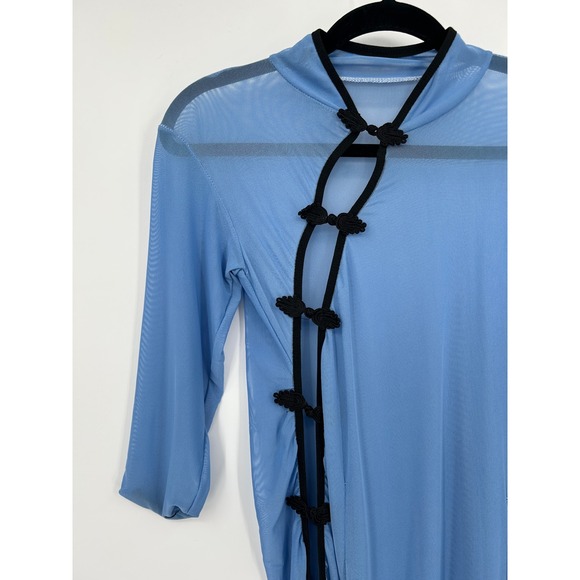 Dresses & Skirts - Blue Sheer Mesh Frog Knot Asymmetric Midi Dress Womens Small